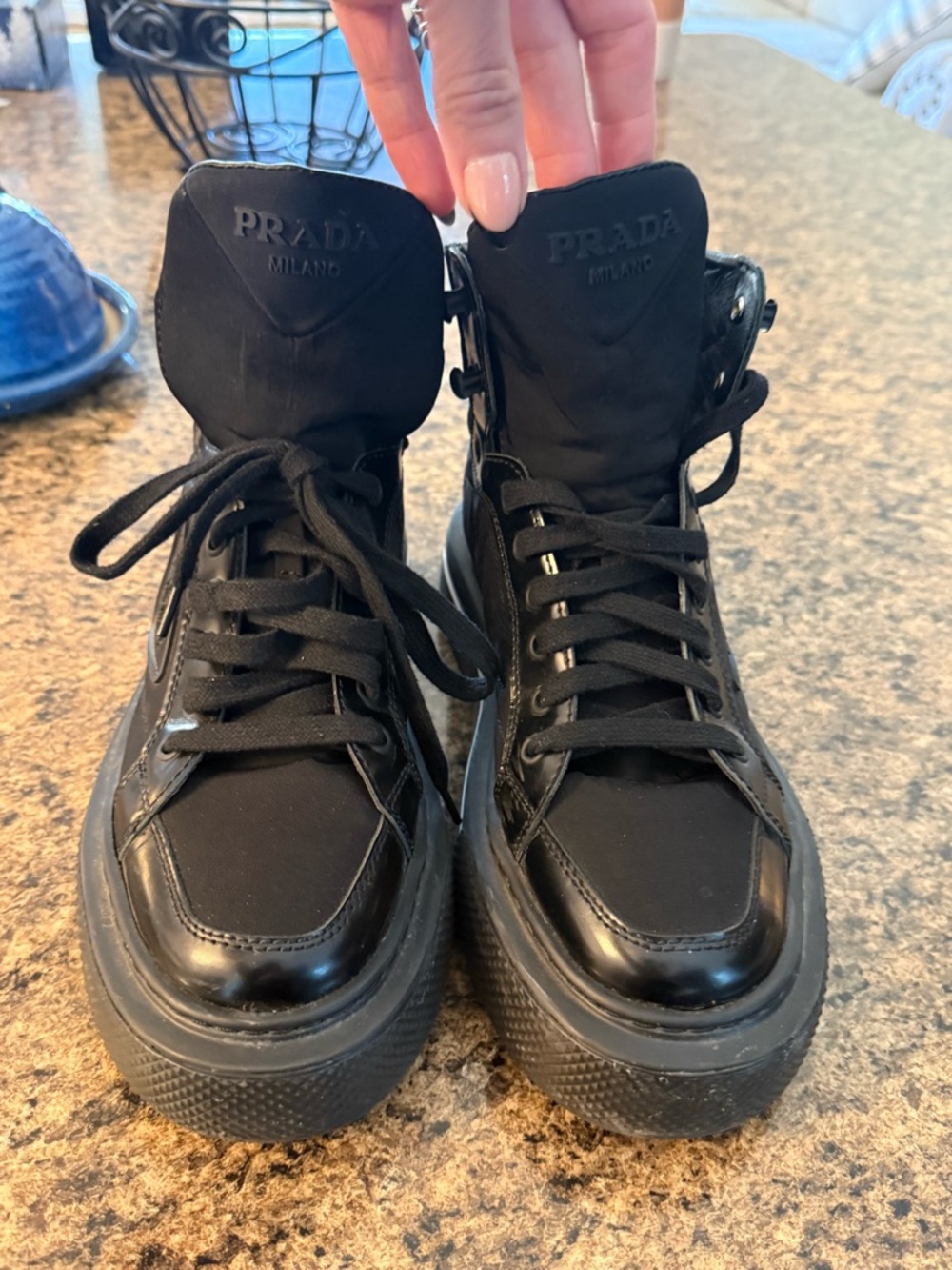 Prada Black High-Top Lace-Up motto combats boots